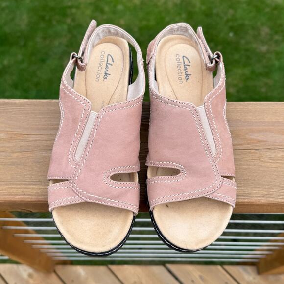 NWOB Clarks size 8.5 NARROW Merliah Leather Wedge Sandals - Sand Tan - Picture 4 of 12